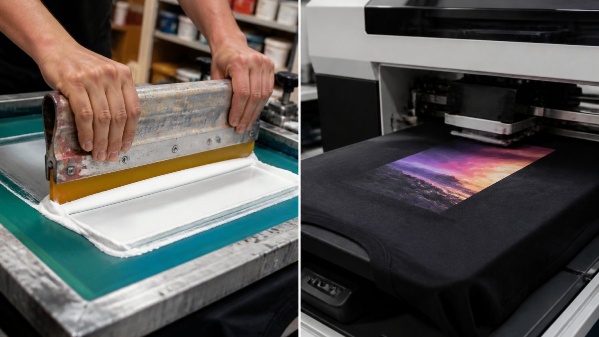A squeegee pulling thick white ink through a mesh screen onto a dark cotton t-shirt in a professional print shop
