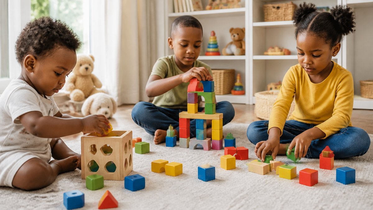 Children of different ages, toddler, preschooler, and school-age child, playing together with colourful building blocks and shape sorters in a bright, sunlit playroom with soft rugs