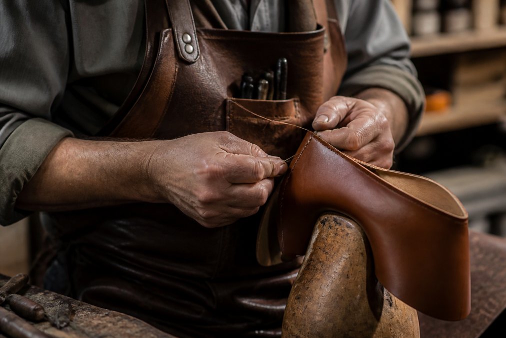 Master artisan's hands stitching premium Italian leather on a shoe upper with meticulous precision, showing detailed handiwork under bright workshop lighting