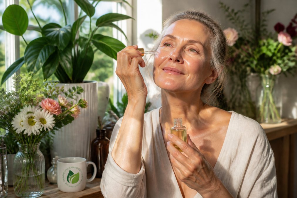 Woman in her 50s with glowing skin applying botanical face oil, reflecting what makes skincare ingredients ethical