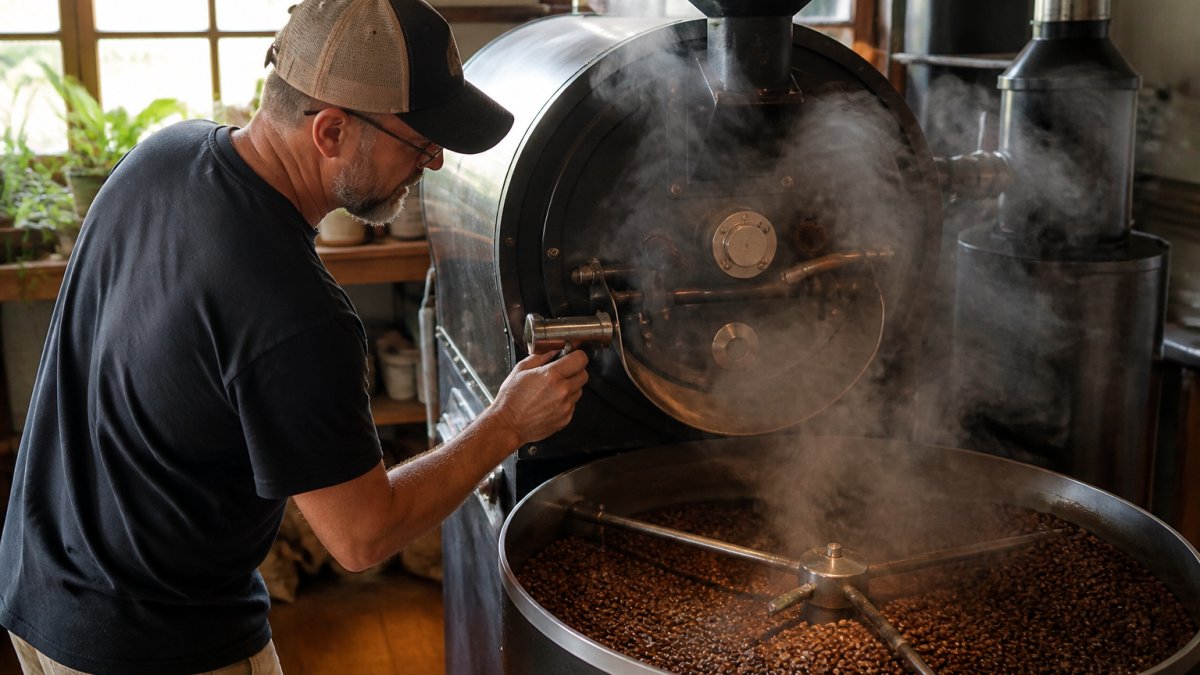 Professional coffee roaster monitoring freshly roasted coffee beans cooling in a small drum roaster, steam rising as the roaster adjusts airflow controls in a bright roastery
