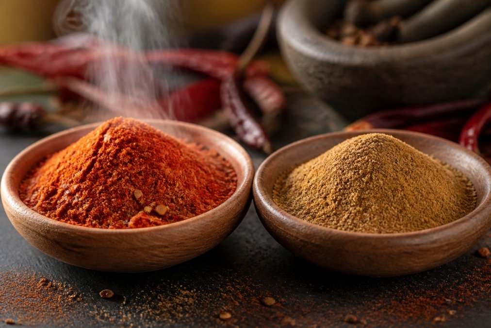 Close-up of freshly ground small batch spices with visible aromatic steam rising from the powder, vibrant colors and fine texture contrasting with a duller mass-produced spice sample beside it, natural lighting highlighting the difference