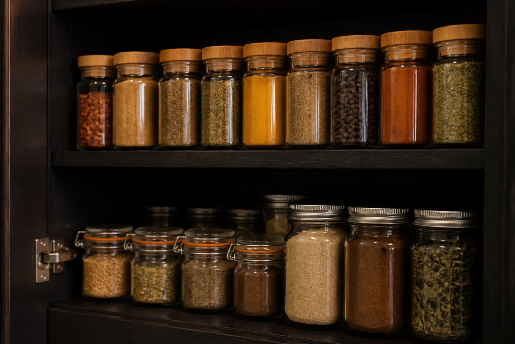 Organized collection of spice jars stored in a cool, dark cabinet away from direct sunlight and heat sources, showing airtight glass containers with labeled tops and proper arrangement on shelves