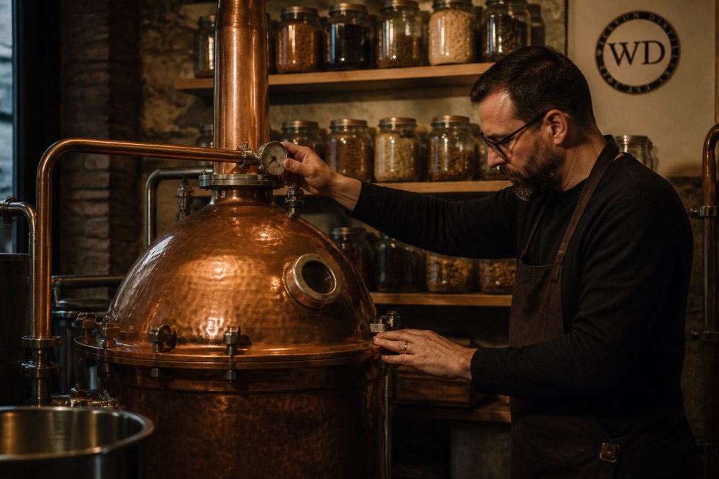 A distiller carefully monitoring a small copper pot still in a warm, dimly lit craft distillery, with botanical jars visible on wooden shelves behind