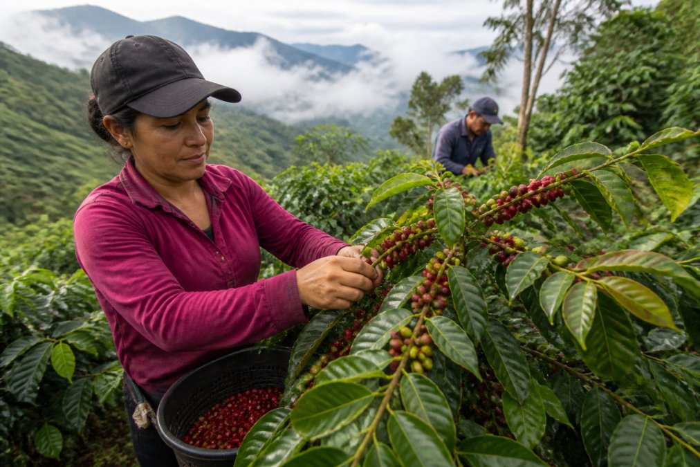 Smallholder coffee farmers hand-harvesting ripe red coffee cherries on a high-altitude mountainside with lush green foliage and morning mist in the background