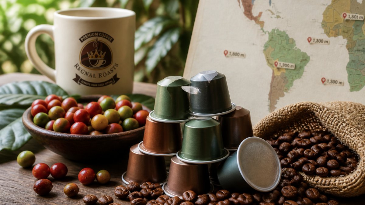 Close-up of specialty coffee pods arranged next to fresh coffee cherries and roasted beans, with a map showing origin regions and altitude markers visible in the background