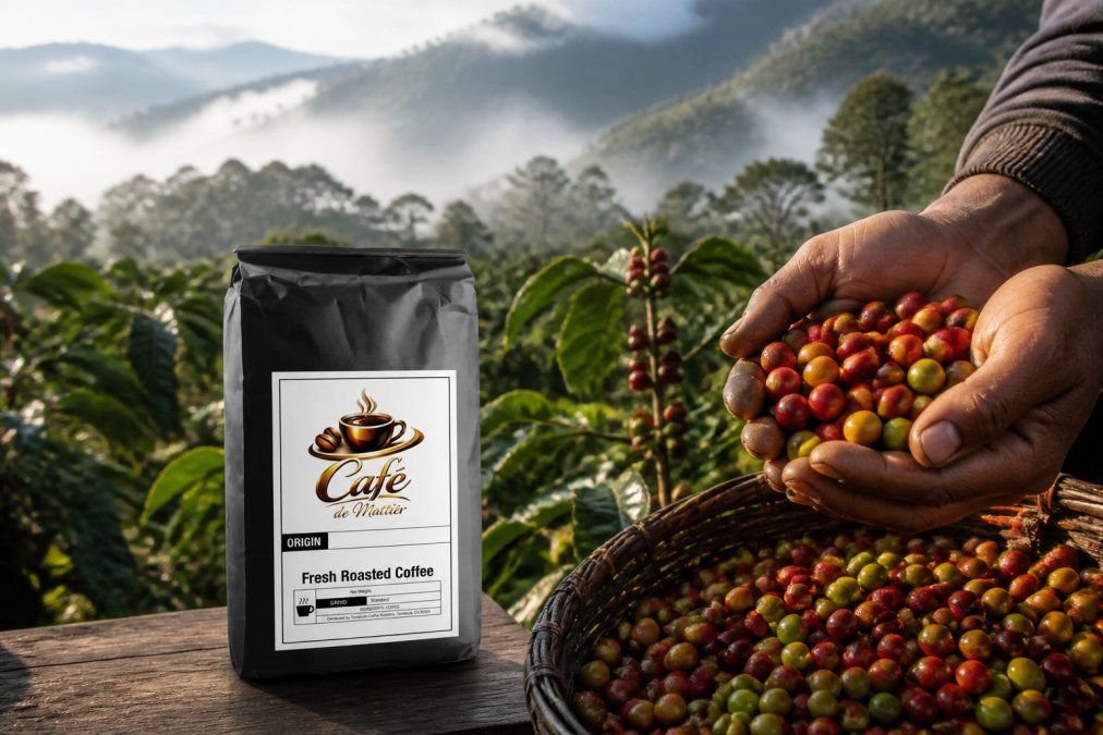 Hands holding fresh ripe coffee cherries in a lush, high-altitude farm with misty mountains and dense vegetation in the background, morning mist rising through the plants