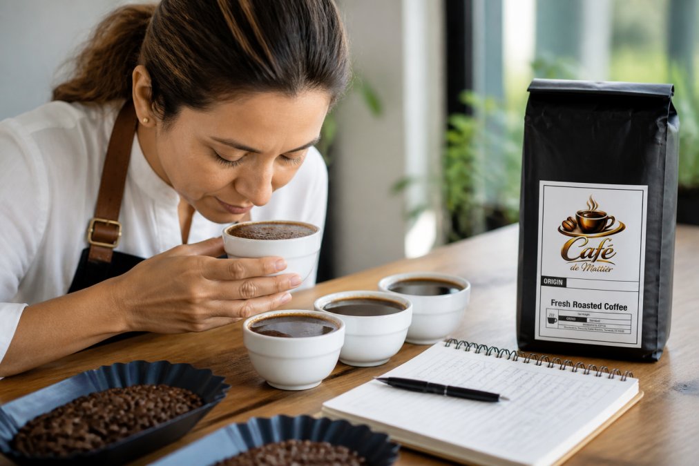 Person cupping coffee in white bowls, eyes closed while smelling the aroma, with fresh whole coffee beans and handwritten tasting notes visible on a wooden table in natural afternoon light
