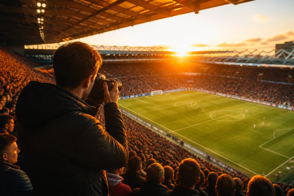 A photographer standing in the stands of a packed football stadium at golden hour, camera raised, capturing the crowd and pitch below with warm light flooding the scene