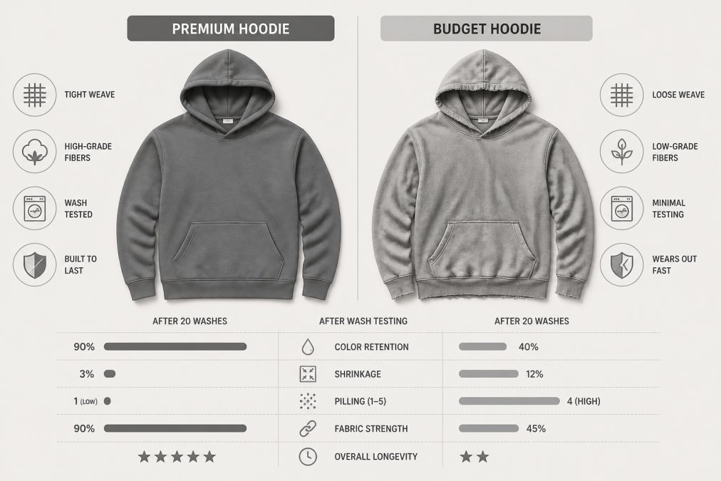 Flat lay of two streetwear hoodies side by side showing contrast between a well-maintained premium piece and a worn budget alternative on neutral background