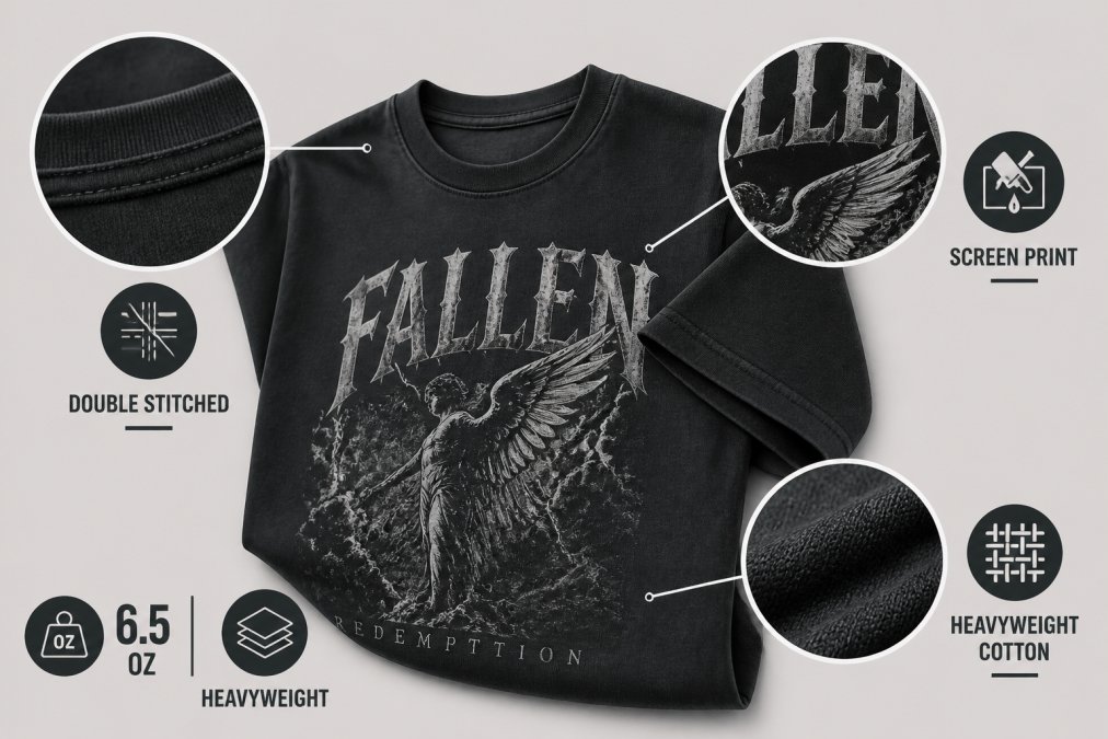 Close-up of premium heavyweight graphic tee showing detailed seam reinforcement with double-stitched construction, crisp screen-printed graphic with vibrant color saturation, and tightly woven cotton fabric texture under natural lighting