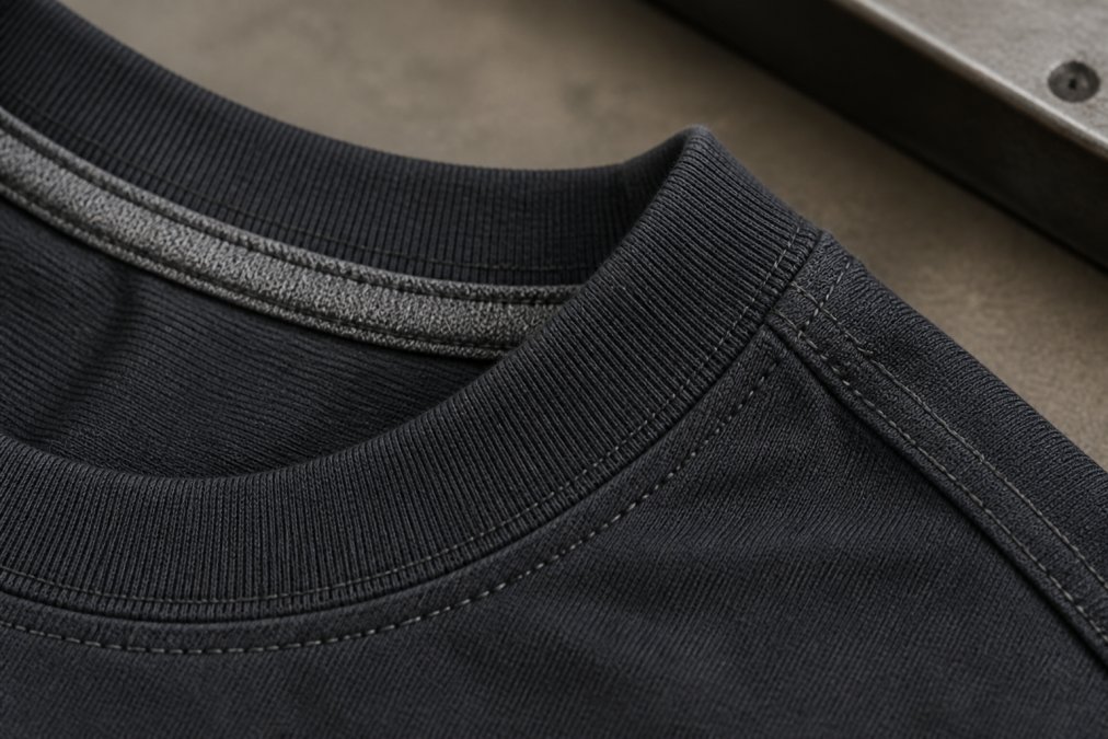 Close-up of double-needle stitching on heavyweight tee neckline, showing reinforced neck tape and shoulder seams with visible craftsmanship detail under natural lighting