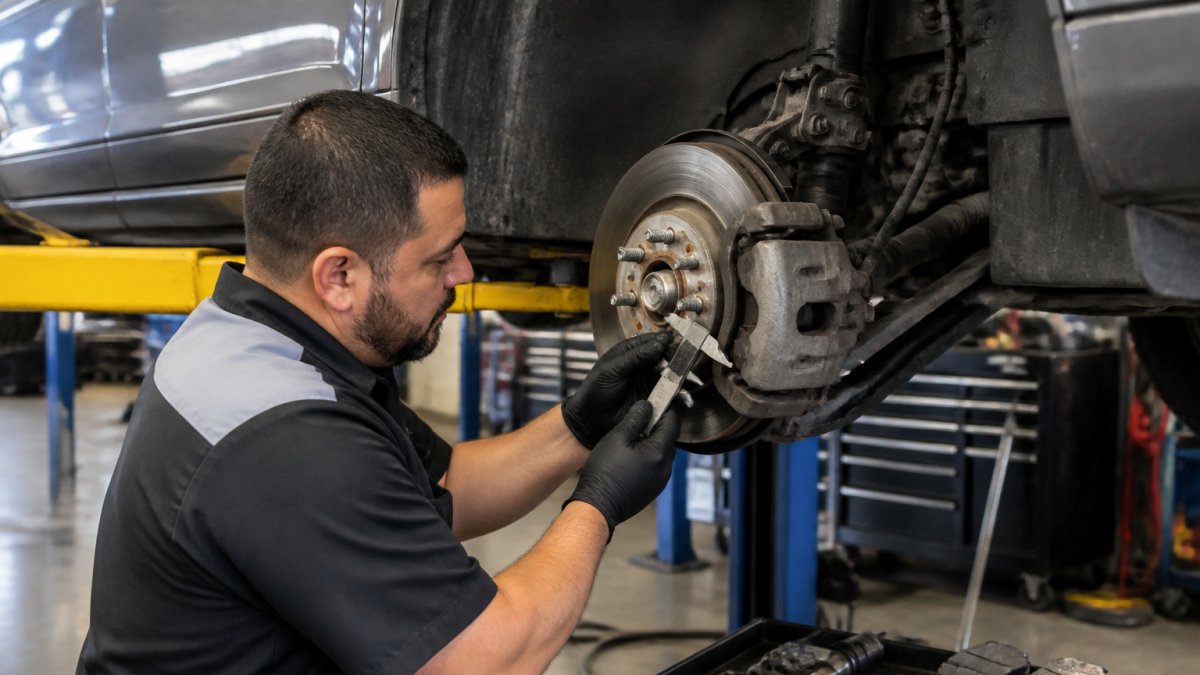 Certified technician using diagnostic tools for brake repair services during a professional inspection