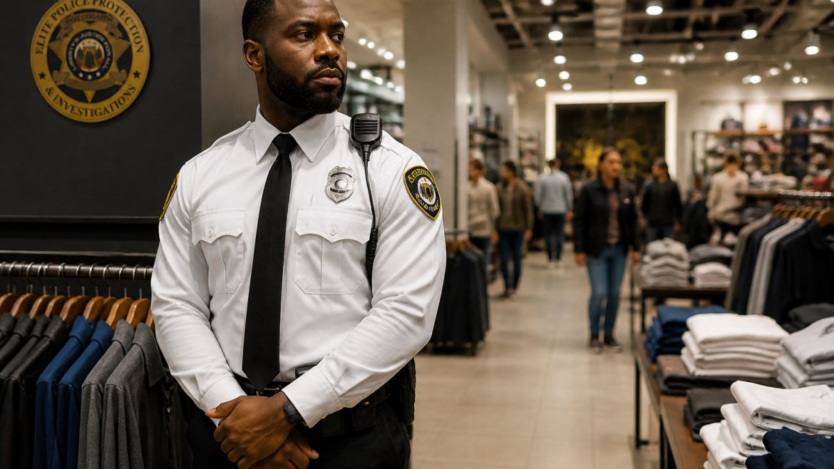 Professional uniformed security officer standing alert in a retail store environment, monitoring the sales floor with professional posture and visible badge
