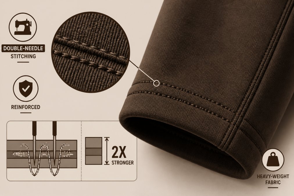 Close-up of reinforced double-needle stitching on sleeve hem of heavy-weight hoodie, showing precise thread alignment and quality seam construction under natural lighting