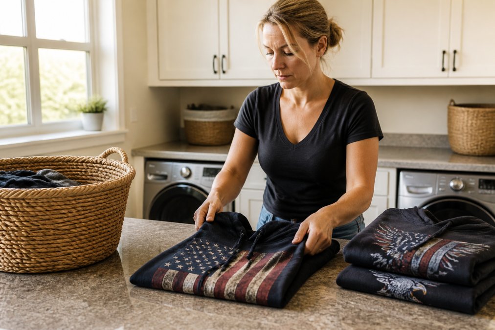 Person carefully folding a well-maintained patriotic graphic hoodie using proper techniques in a bright home laundry room with natural window lighting