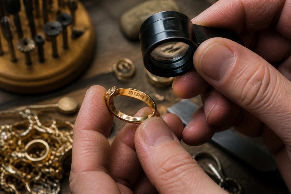 Close-up of a jeweler's loupe examining the inside of a vintage gold ring band, revealing tiny hallmarks and maker's marks under warm workshop lighting