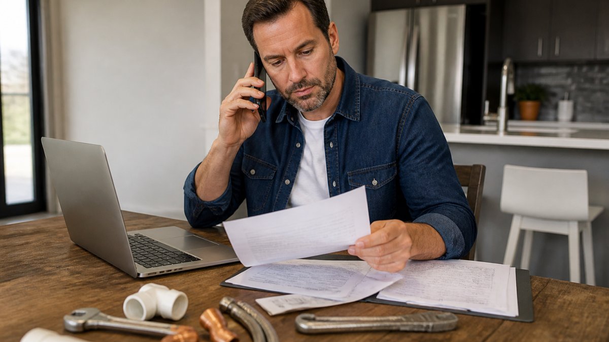 Step-by-step flowchart for requesting a plumbing repair refund while reviewing invoices and contracts.