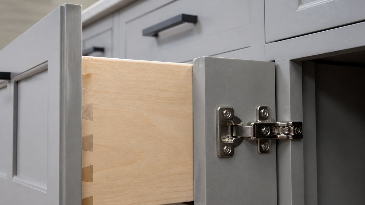 Close-up of dovetail drawer joints and soft-close hinges on an open cabinet drawer, showing precision woodworking and metal hardware detail in natural lighting