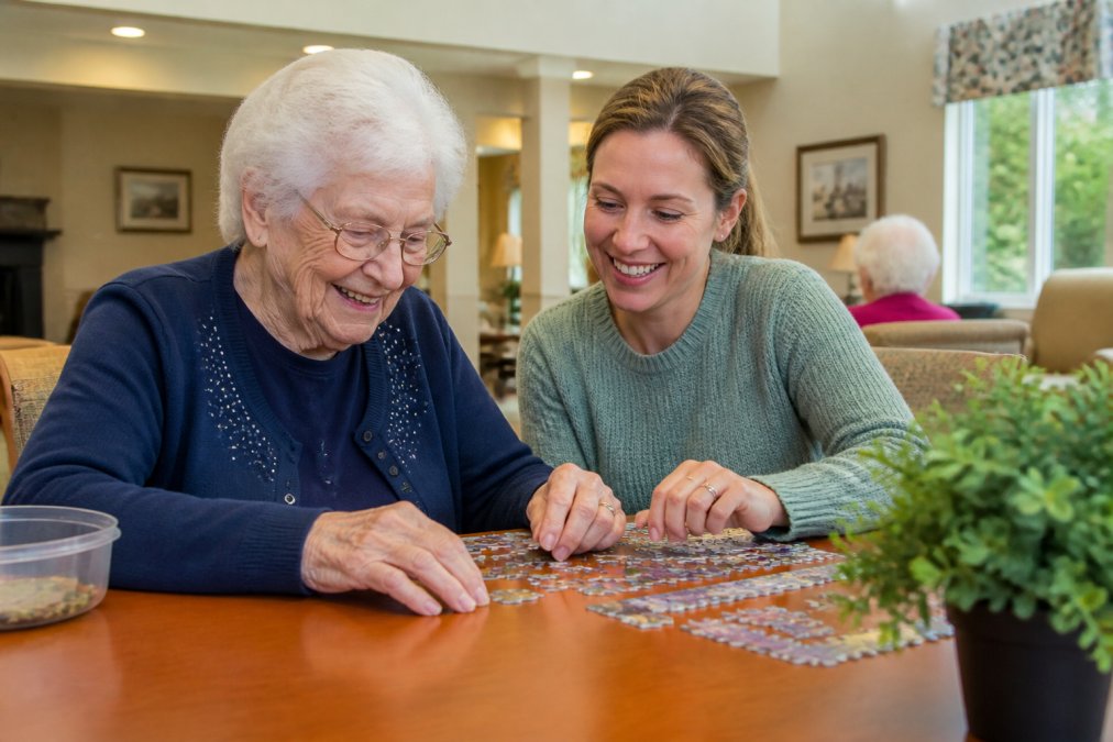 Seniors and caregivers engaged in a therapeutic activity together in a bright, comfortable common area with natural light, warm furnishings, and smiling faces as they work on a puzzle and craft project