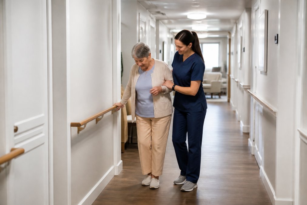 A compassionate caregiver assisting a senior resident with a daily task in a safe, accessible environment with clear pathways, handrails, good lighting, and supportive features visible in the background