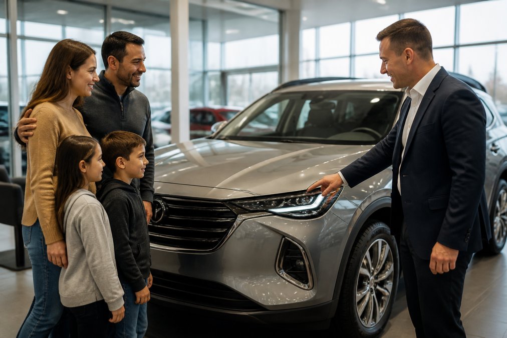 A family standing beside a modern Buick SUV in a dealership showroom, with a salesperson pointing out features on the vehicle's exterior