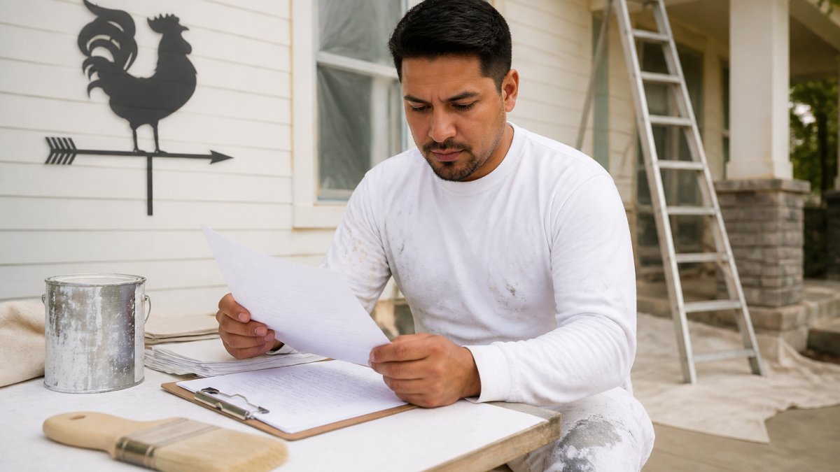Professional painter reviewing insurance documentation and certificate at a work site with clipboard and papers on a table