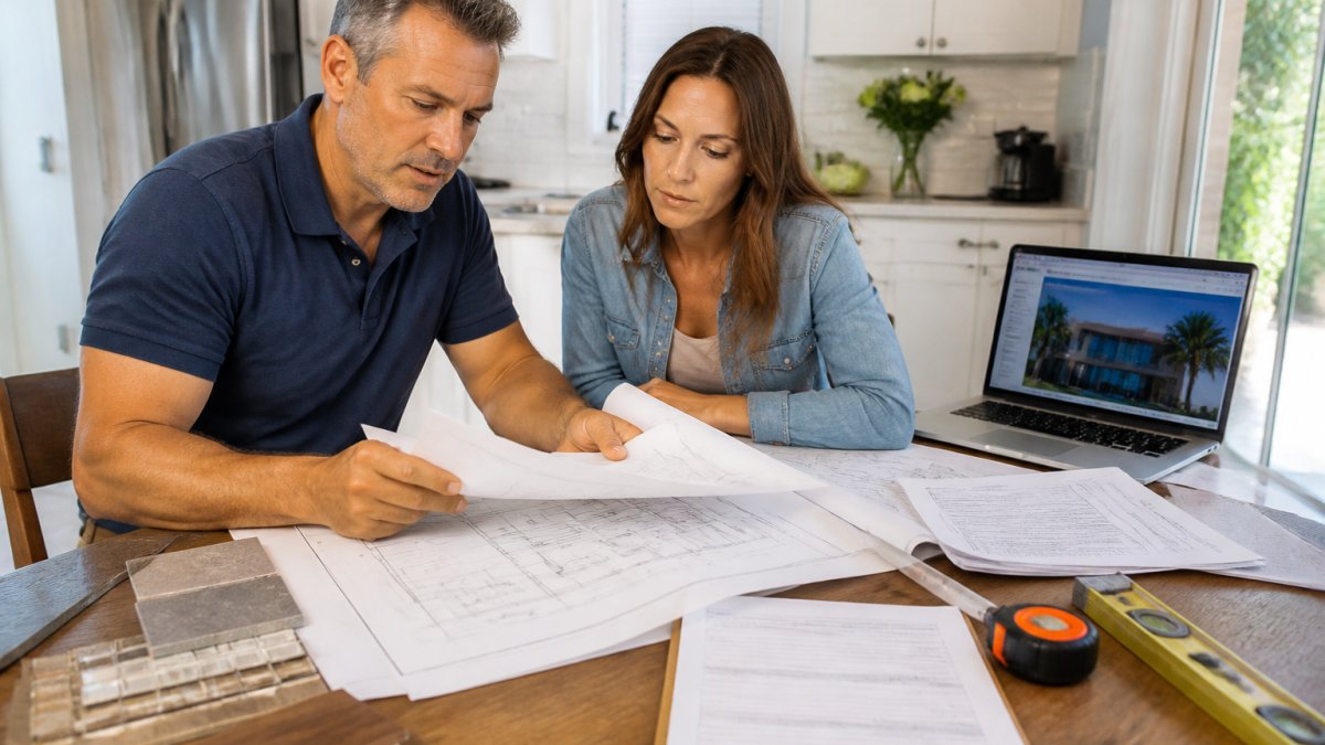 A homeowner and a licensed contractor reviewing construction blueprints and permit paperwork at a kitchen table, with a laptop showing a county building department website in the background