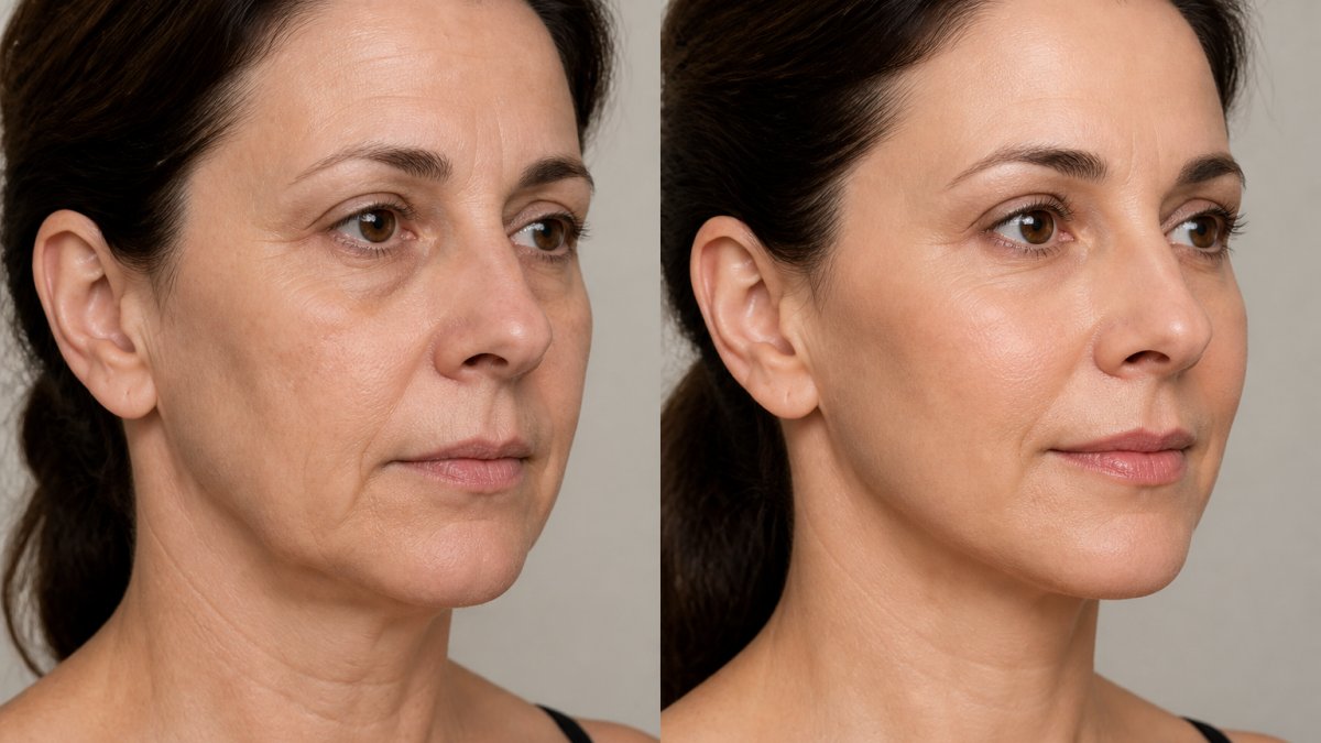 Woman in her mid-40s with smooth facial contours, lifted cheekbones, and defined jawline, photographed in natural studio lighting with confident expression