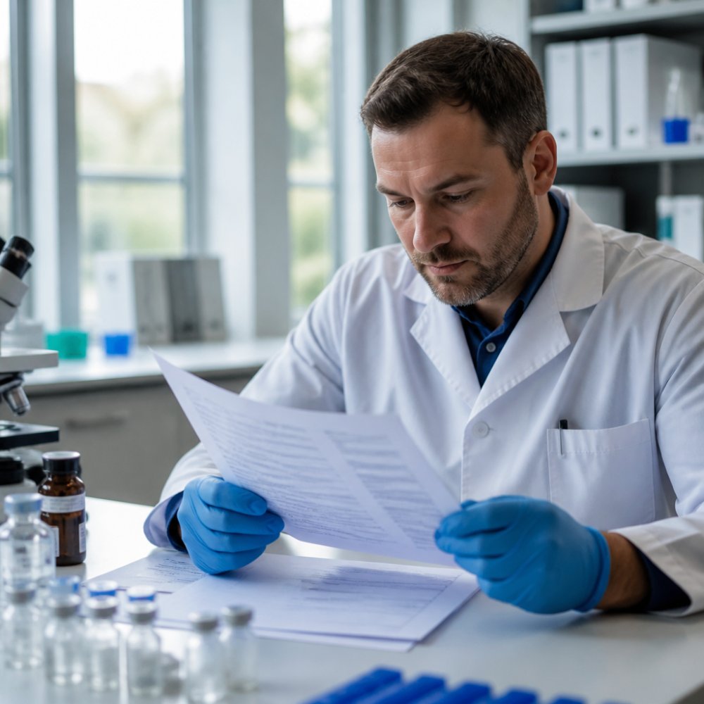 Researcher reviewing a lab report on retatrutide purity at a bench