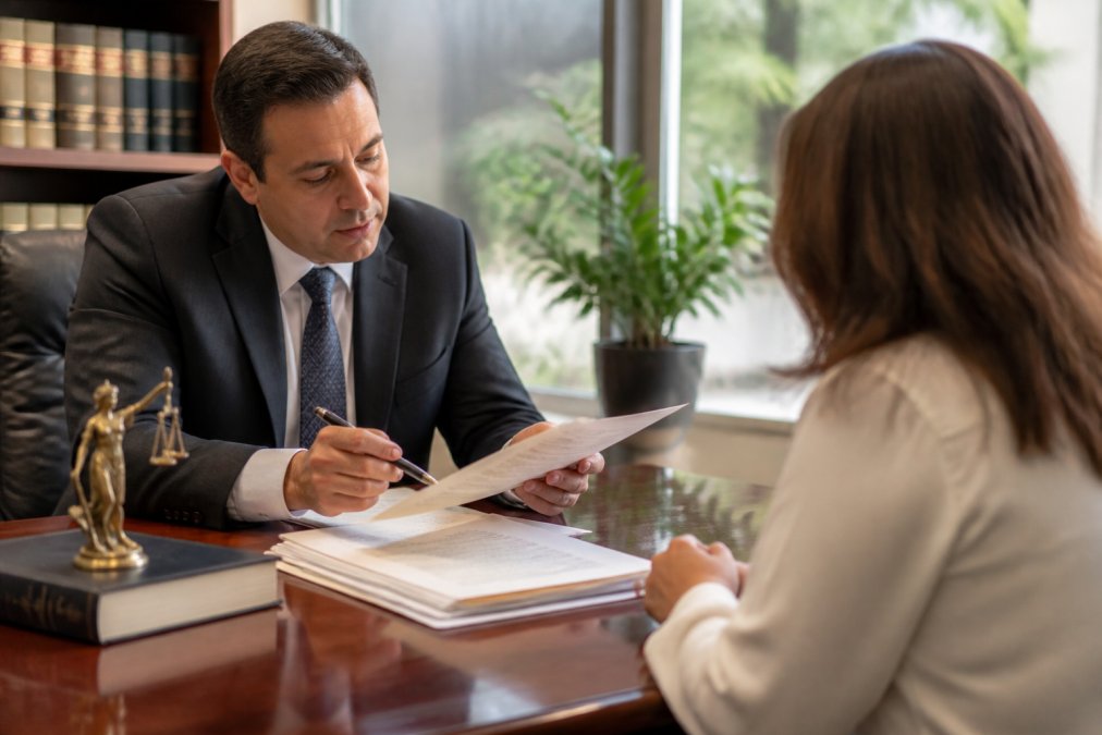 A lawyer in a professional suit reviewing documents with a client across a desk in a bright, modern law office