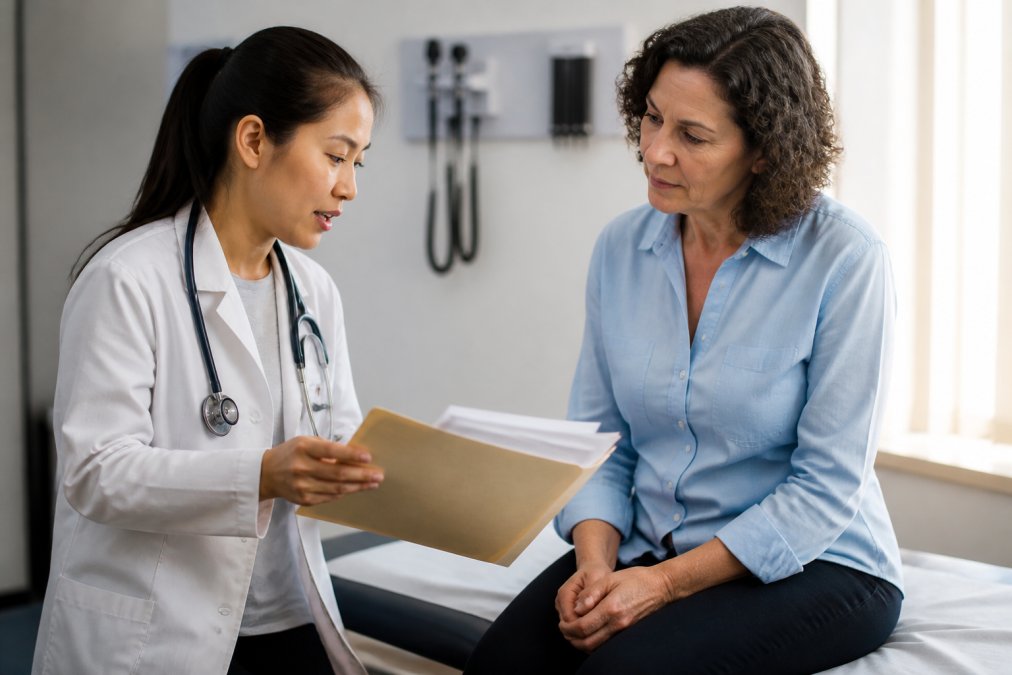 Healthcare provider reviewing medical records and consulting with patient in clinical office setting with natural lighting