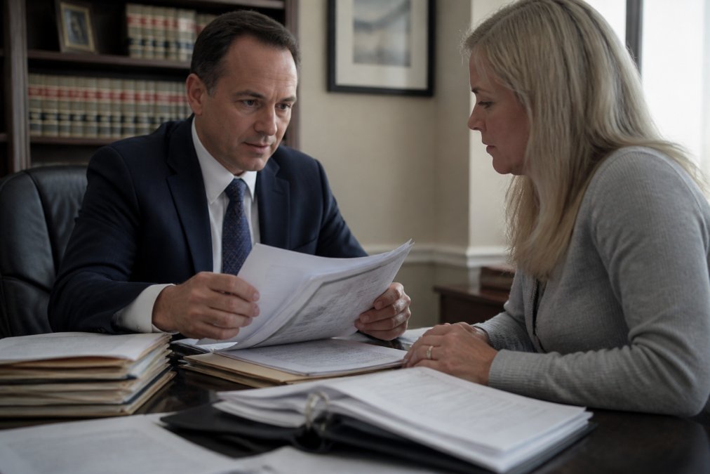 Attorney reviewing medical documents and case files with client in professional law office setting