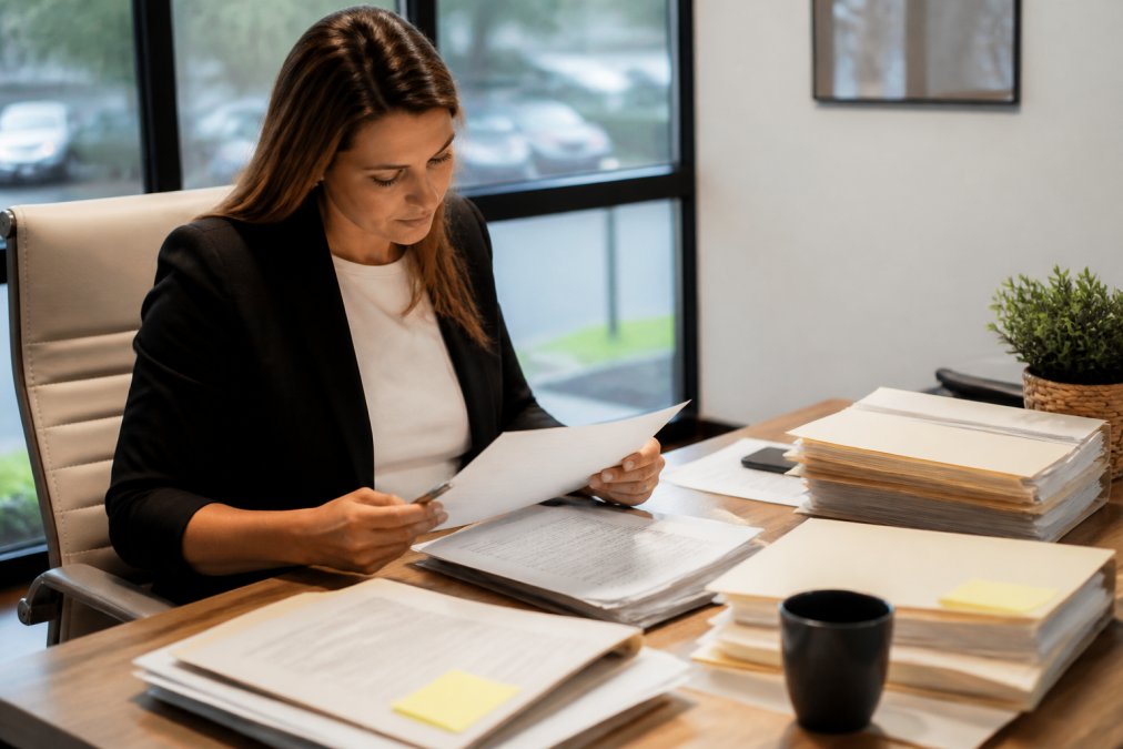 Professional real estate agent at desk reviewing contracts, purchase agreements, and transaction documents with organized files and folders in modern office setting with natural lighting