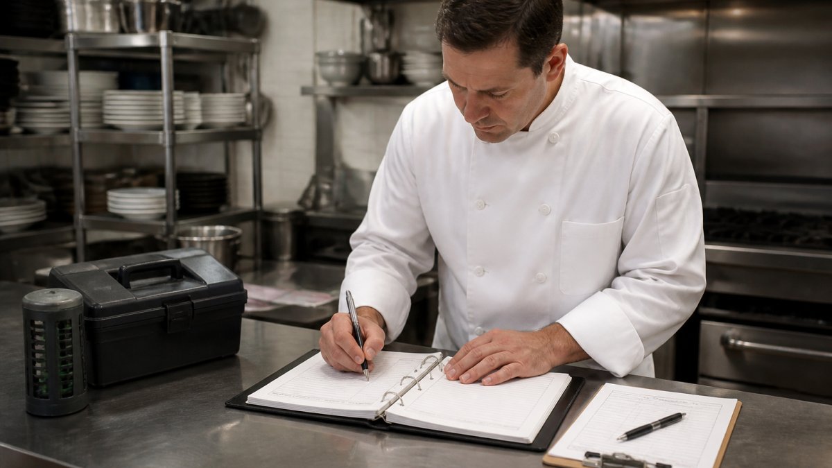 Chef updating a restaurant pest control log on a stainless steel prep counter in a professional kitchen