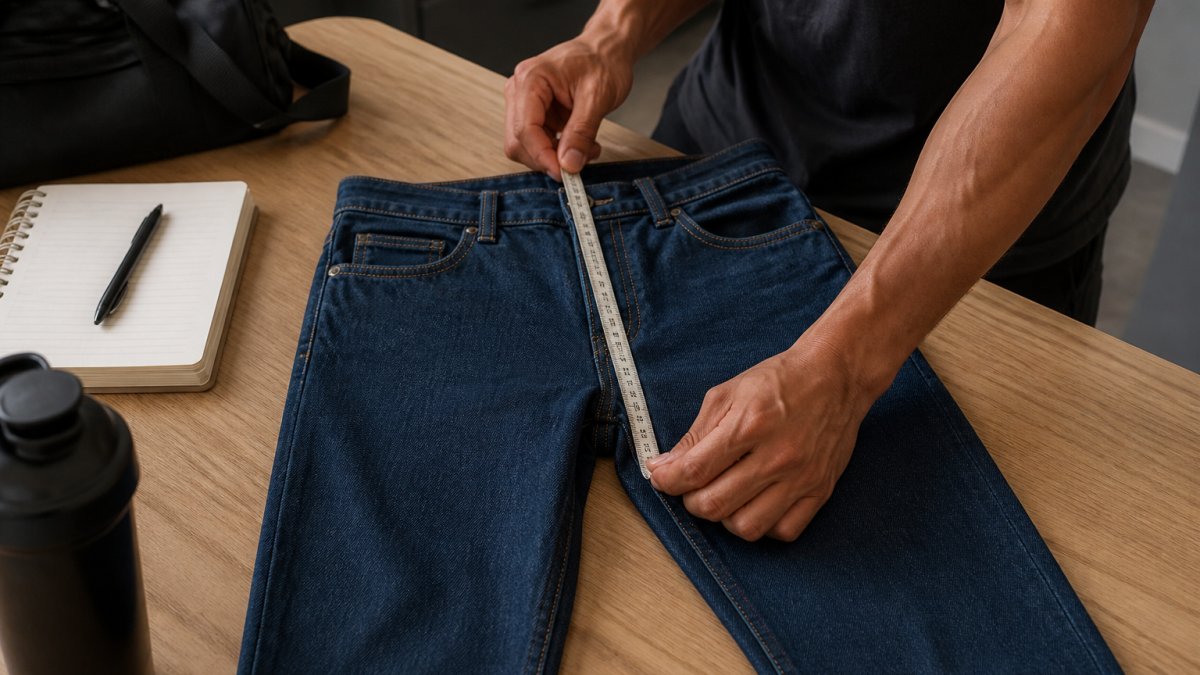 Step-by-step diagram showing how to measure the rise of jeans using a tape measure from the crotch to the waistband.