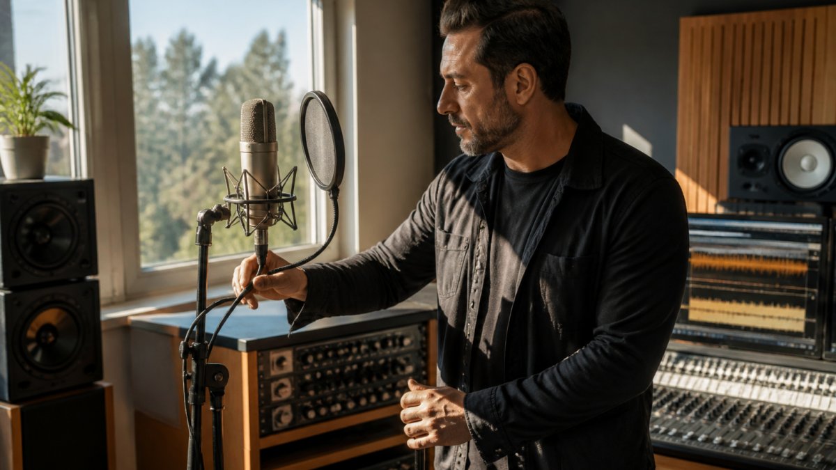 Audio engineer adjusting an interface to record sample rate bit depth podcasts in a sunlit studio.