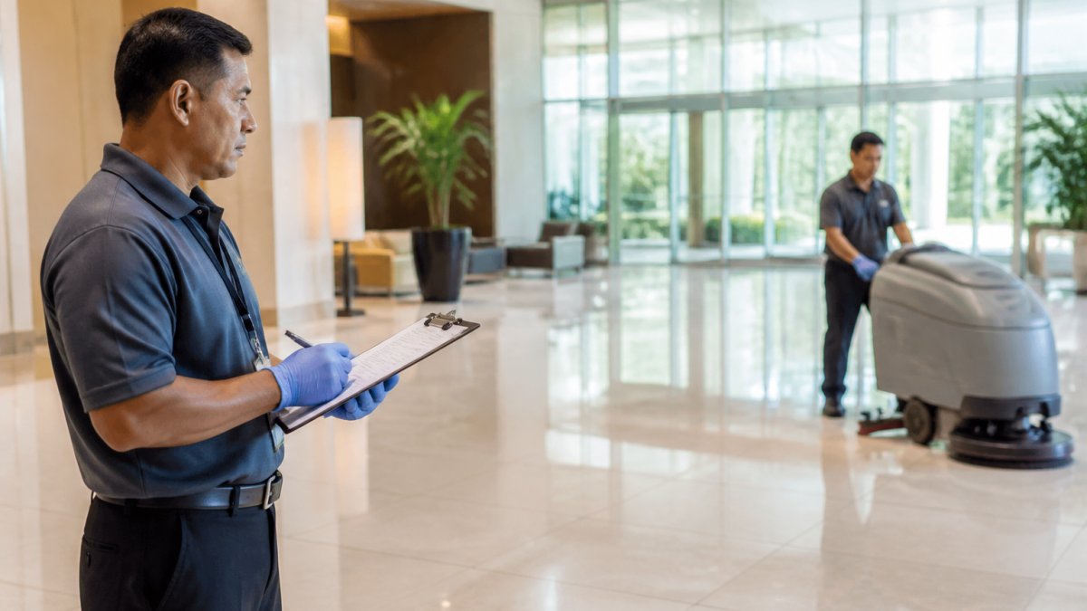 A cleaning supervisor with a clipboard inspecting a commercial lobby floor while a crew member operates a floor scrubber in the background, bright overhead lighting, polished tile reflecting the equipment