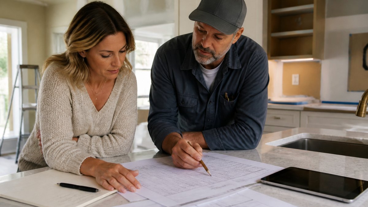 Homeowner and contractor reviewing a printed renovation timeline on a kitchen island with digital tracking tools