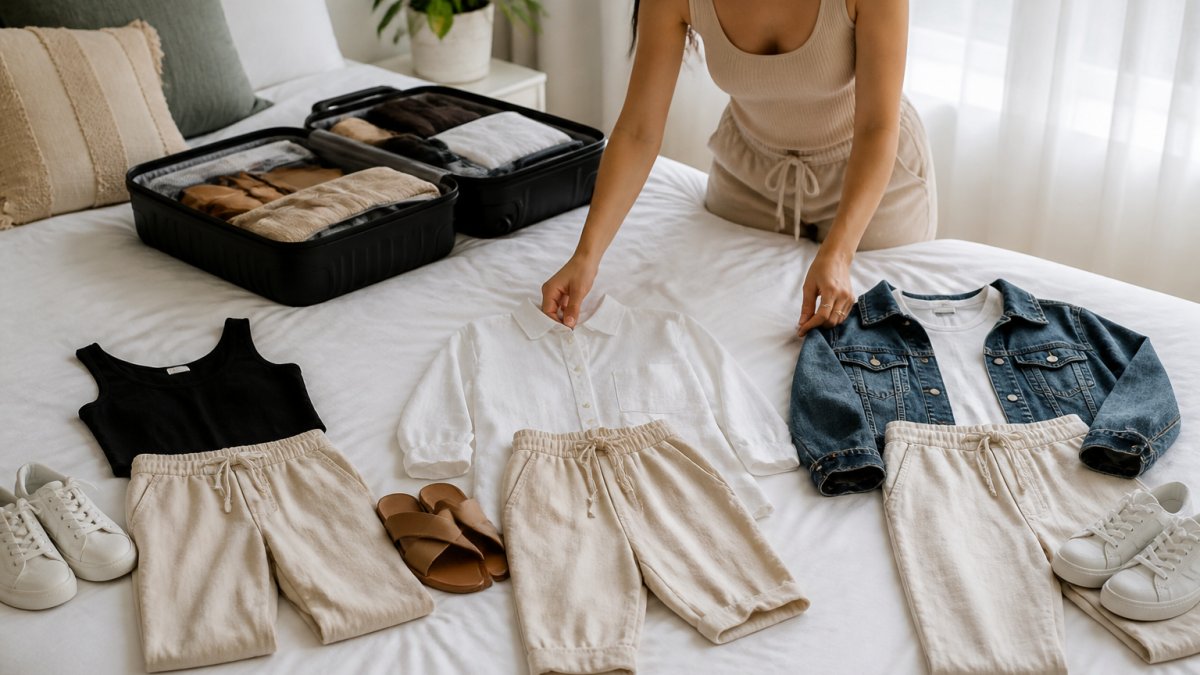 A woman in a ribbed scoop neck tank and linen drawstring pants laying out three mix-and-match travel outfits on a bed next to an open carry-on suitcase, soft natural window light