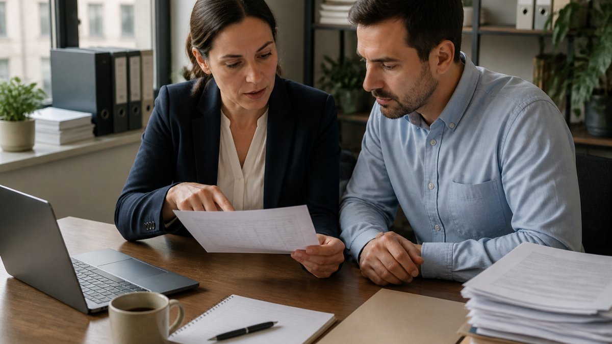 A compliance officer at a desk reviewing a printed business impact analysis form with a colleague, laptop open beside a notebook and coffee cup in a bright office