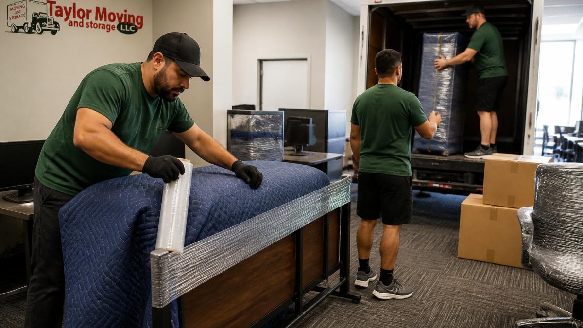 Professional moving crew carefully wrapping and securing office furniture with protective padding before loading into moving truck