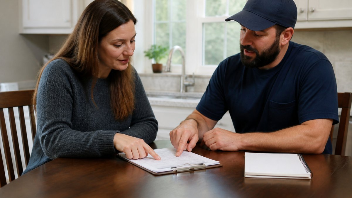 Checklist for hiring handyman services Butler County showing a homeowner and worker reviewing a written estimate