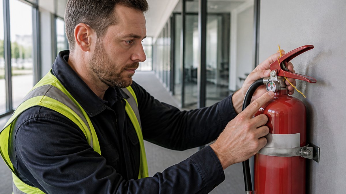 Facility manager performing a fire equipment inspection on a wall-mounted extinguisher in a bright office corridor