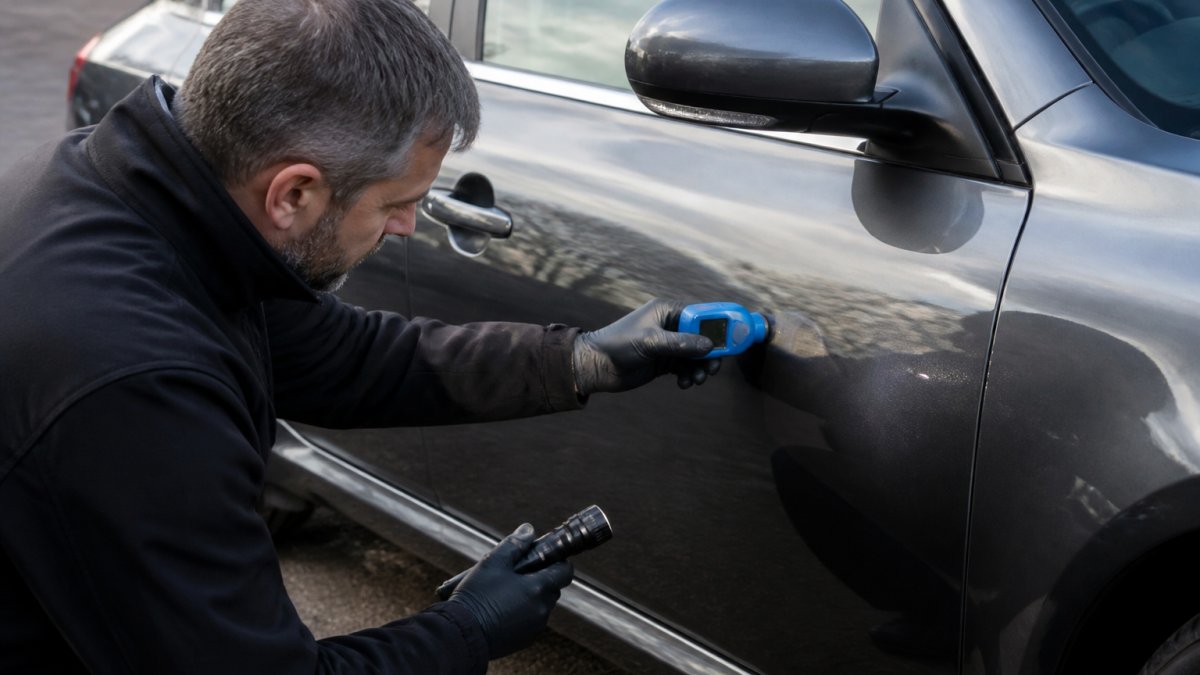 Professional inspector using a paint depth gauge during a used car inspection checklist on a vehicle door.