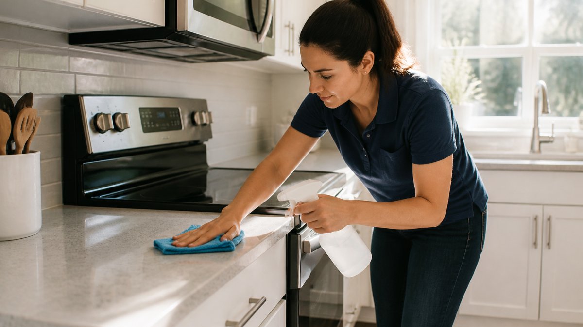 Renter wiping down kitchen countertops and stainless steel appliances with microfiber cloth and cleaning spray, sunlight streaming through window, showing detailed attention to surfaces and fixtures