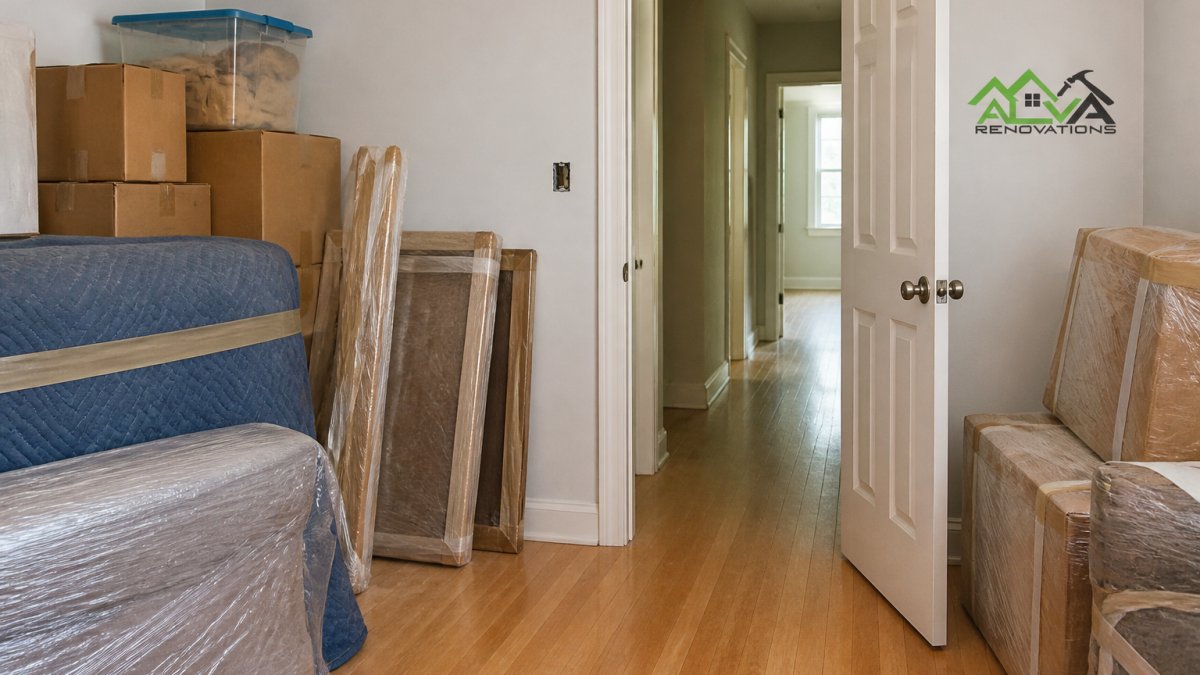 Homeowner moving furniture and boxes to clear space for emergency home repair work in a room.