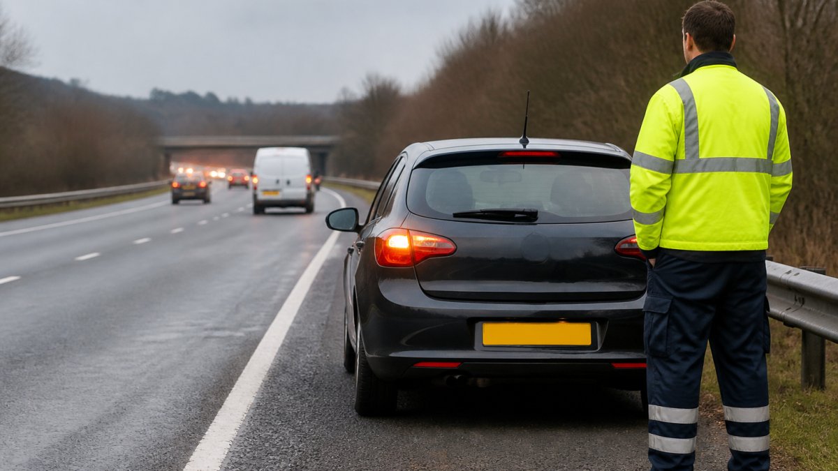 Driver in high-visibility clothing standing safely behind a car broken down on the motorway hard shoulder.
