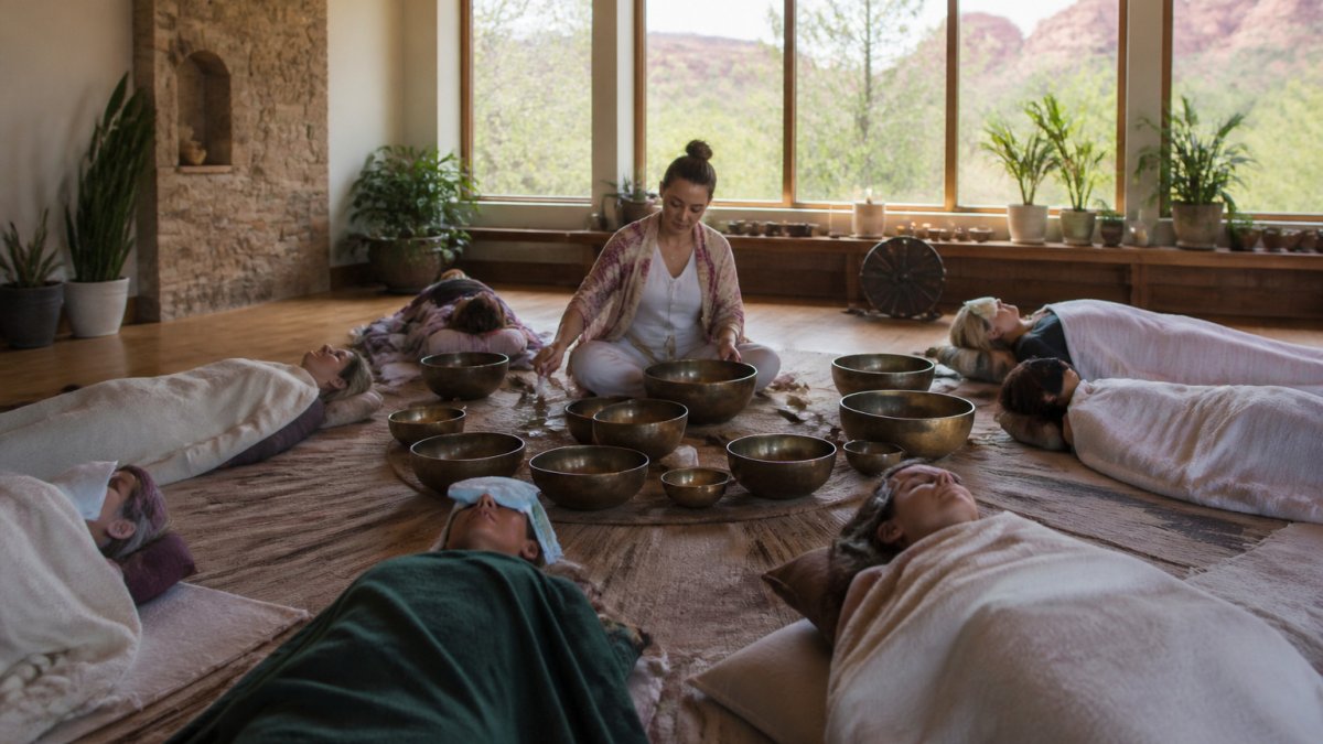 A peaceful room prepared for sound healing with mats, blankets, and singing bowls arranged in a circle.