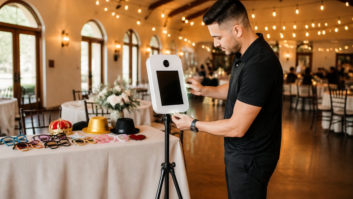 Infographic checklist for setting up a professional photo booth at a wedding reception venue